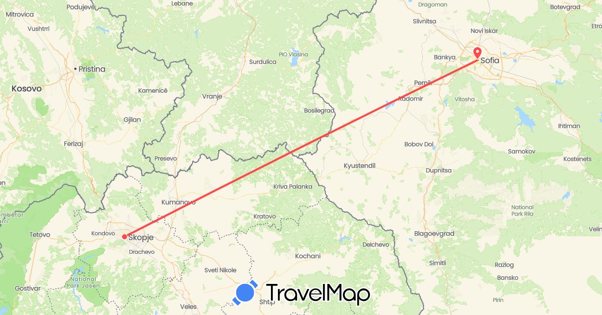 TravelMap itinerary: driving, hiking in Bulgaria, Macedonia (Europe)